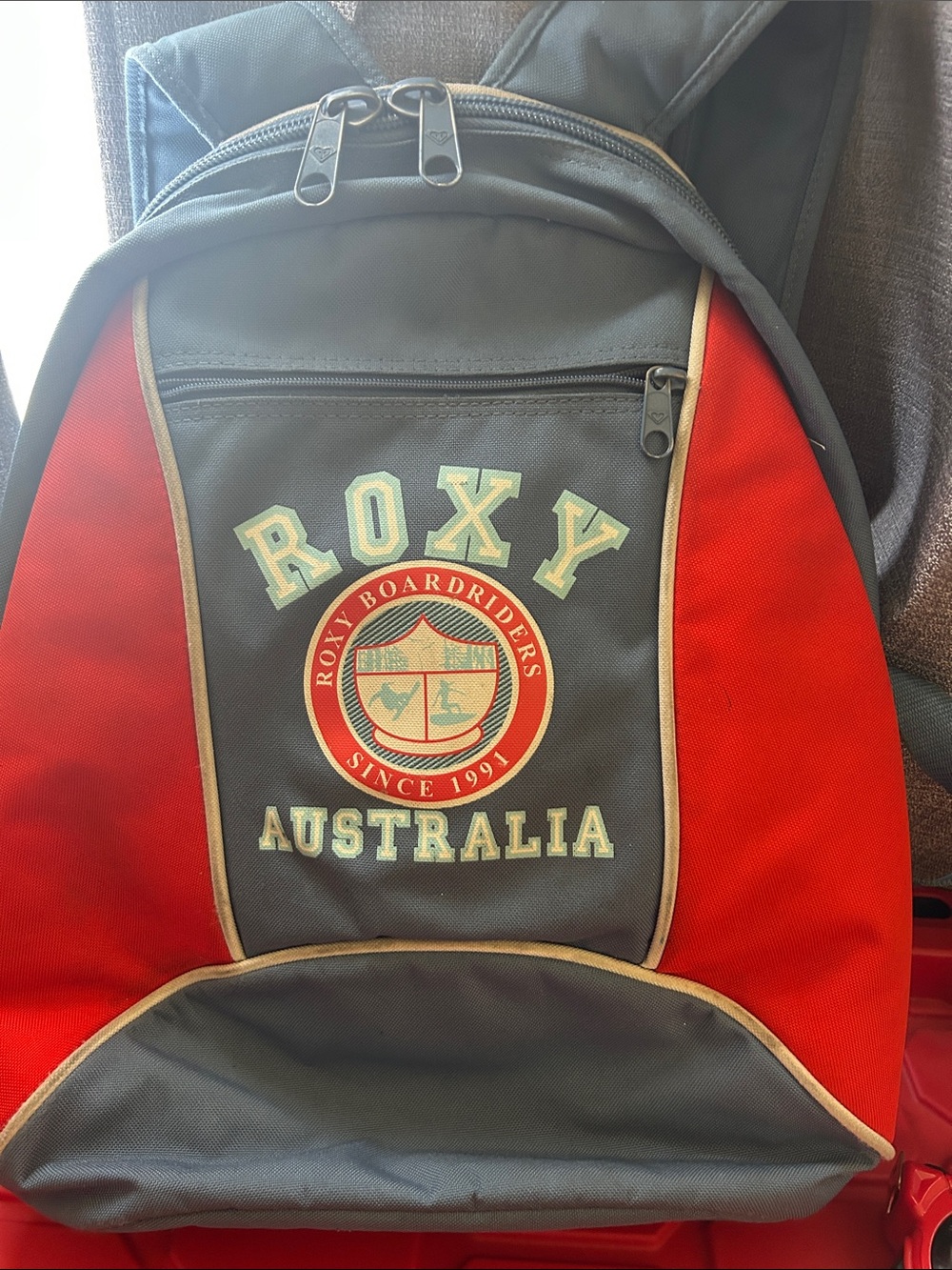 Roxy Two-Tone Red and Gray Men's Backpack with Front Logo